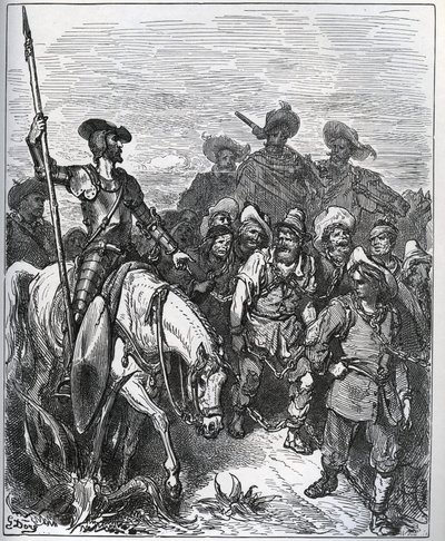 Dom Quixote questiona as forças sobre as razões de suas convicções - de "Dom Quixote de la Mancha" de Miguel Cervantes (1547-1616) (Dom Quixote) - Corte de madeira após desenho de Gustave Dore de Gustave Dore