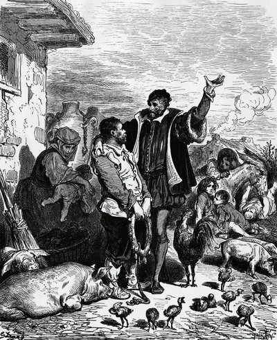 Dom Quixote tirando Sancho Panza de sua casa e pronunciando-o governador, ilustração de Gustave Dore
