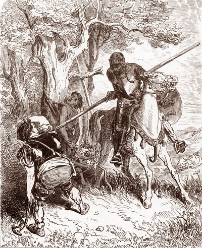 Don Quixote ameaça o camponês que enviava o pastor Engraving de Gustave Dore (1832-1883) para "L
