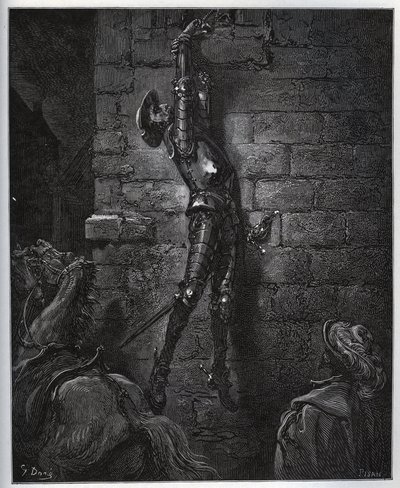 Dom Quixote, preso pela filha do estalajadeiro e pelo Maritornes, permanece suspenso de uma janela. - de "Dom Quixote de la Mancha" de Miguel Cervantes (1547-1616) (Dom Quixote) - Lenhador após desenho de Gustave Dore de Gustave Dore