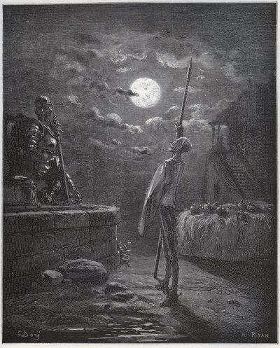 Dom Quixote zela pelos seus braços - de “Don Quixote de la Mancha” de Miguel Cervantes de Gustave Dore