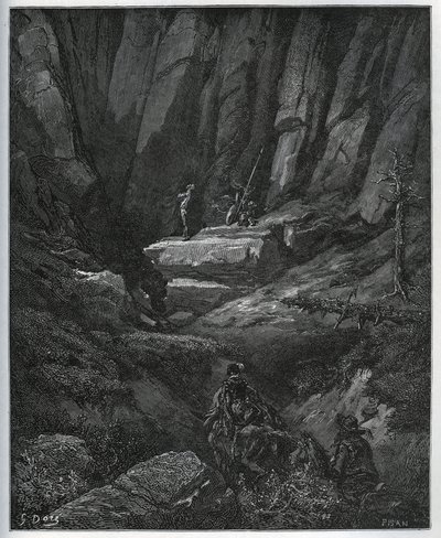 Dorothee e o barbeiro vêm buscar o Dom Quixote depois em penitência - de "Dom Quixote de la Mancha" de Miguel Cervantes (1547-1616) (Dom Quixote) - Lenhador após desenho de Gustave Dore de Gustave Dore