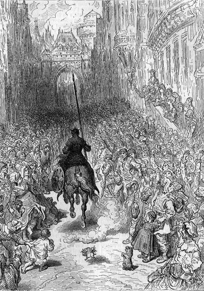 Desenho de Gustave Dore (1832-1883) para o poema "Furious Roland" ("Orlando furioso") (século XVI) de Ludovico Ariosto, conhecido como o Ariosta. Gravura em "Le Journal de la jeunesse". de Gustave Dore