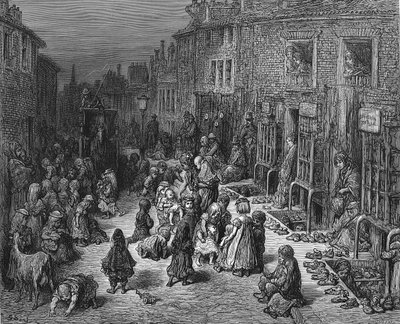 "Dudley Street, Seven Dials" : De Gustave Dore e Blanchard Jerrold London: A Pilgrimage London 1872. Crianças desleixadas e sujas brincam na rua enquanto um táxi tenta passar sem as esmagar. Gravura em madeira de Gustave Dore