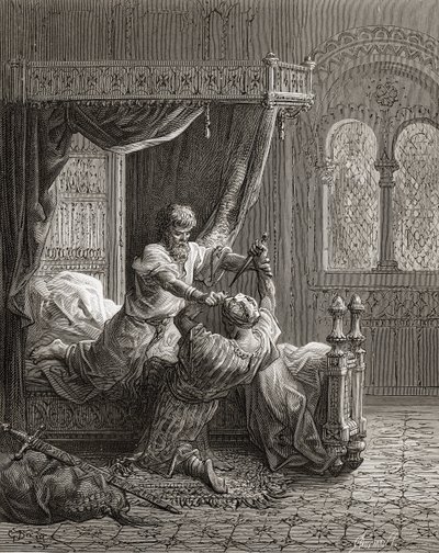 Edward I (1239-1307) da Inglaterra mata o seu assassino em junho de 1272, ilustração de "Bibliotheque des Croisades" por JF. Michaud, 1877 de Gustave Dore