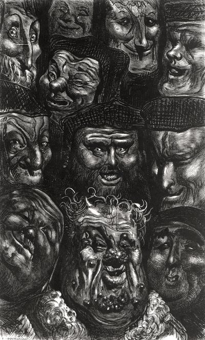 Onze rostos grotescos de "Les Contes Drolatiques" por Honore de Balzac (1799-1850) gravada por Predhomme de Gustave Dore