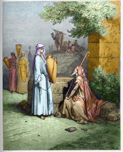 Eliezer e Rebeca - Eliezer, servo de Abraão, é oferecido um copo de água por Rebeca - Eliezer e Rebeca - gravura em "A ilustração bíblica" de Gustave Dore (1832-1883) - Gravura de "A Bíblia Dore de Gustave Dore