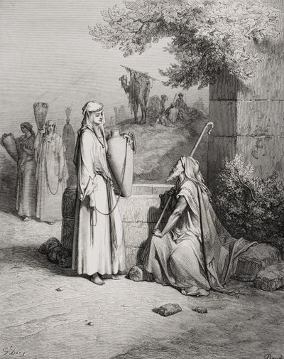 Eliezer e Rebeca, Gênesis 24: 15-21, ilustração da "Bíblia Sagrada" de Dore, gravada por Piaud, 1866 de Gustave Dore