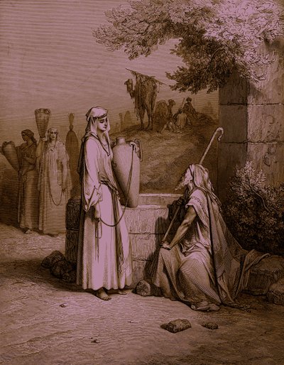 Eliezer e Rebekah / Rebecca, gravura de Doré. - Bíblia de Gustave Dore