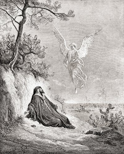 Elias alimentado por um anjo. Segundo uma obra da Bíblia de Gustave Dore. De Life and Reminiscences of Gustave Dore, publicado em 1885. de Gustave Dore