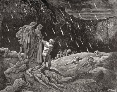 Gravura de Gustave Dore 1832-1883 Artista e ilustrador francês para o Inferno de Dante Alighieri Canto XV linhas 28 e 29 de Gustave Dore