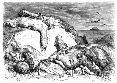 Gravura de Gustave Dore por volta de 1850: evocação de um dilúvio apocalítico que combina a tradição bíblica (vê-se ao longe a arca de Noé no mar) e o início do conhecimento científico (vários animais monstruosos falharam na montanha, pref de Gustave Dore