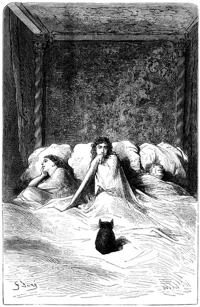 Gravura de Gustave Dore ilustrando o romance de Theophile Gautier "O Capitão Fracasse". Edição Charpentier 1863. Na residência do Barão de Sigognac, o "Chateau de la Misere", um grupo de cómicos encontrou refúgio. Três actrizes adormeceram num l de Gustave Dore