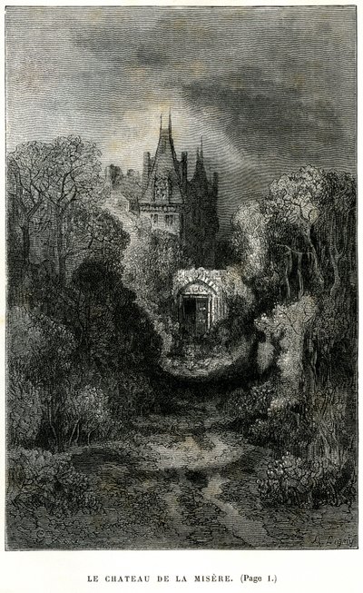 Gravura de Gustave Dore no frontispício do romance de Theophile Gautier "O Capitão Fracasse". Edição Charpentier 1863. O Chateau de la Misere, casa do Barão de Sigognac. de Gustave Dore