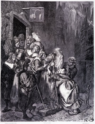 Entre nesta pousada, placa IV - Ilustração de Gustave Dore (1832-1883), para La legende du Jeif vagueando por Pierre Dupont, edição Librairie du magasin pitoresco, Paris 1862 de Gustave Dore