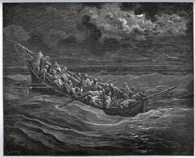 Fuga de Zoraide com o cativo no barco cheio de fugas de Argel para Espanha - de "Dom Quixote de la Mancha" de Miguel Cervantes (1547-1616) (Dom Quixote) - Corte de madeira depois de desenho de Gustave Dore de Gustave Dore