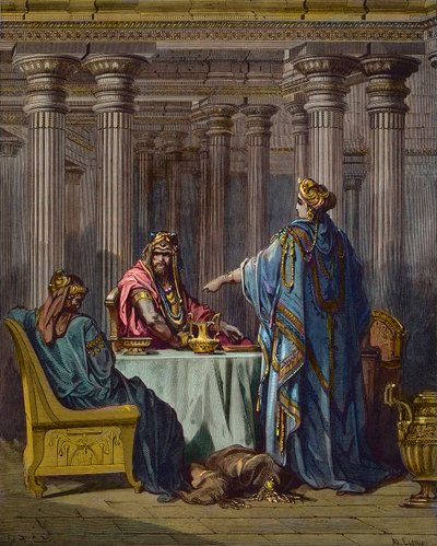 Esther acusando Haman (Aman) - cenas bíblicas, Esther e Aman, gravura em madeira de Gustave Dore - coloração posterior de Gustave Dore
