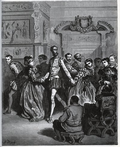 Noite organizada após Don Antonio. Dom Quixote descobre sem apreciar os prazeres da dança - de “Don Quixote de la Mancha” de Miguel Cervantes de Gustave Dore