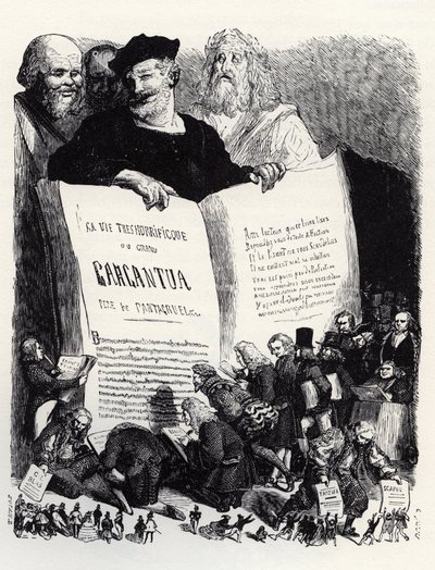 Frontispício da edição de 1854 - Na companhia de escritores antigos e modernos, Rabelais apresenta seu segundo romance - ilustração de 