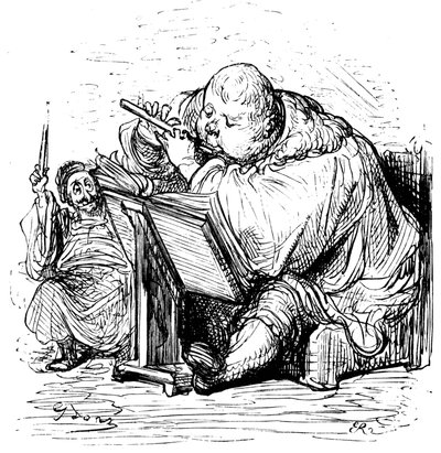 Educação de Gargantua: o jovem cavalheiro aprende a tocar flauta com o seu professor de música. Gravura de Gustave Dore ilustrando a obra de Rabelais. de Gustave Dore