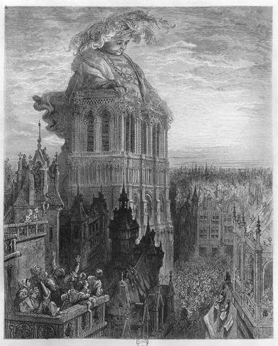 Gargantua nas torres de Notre-Dame em Paris, ilustração de &39;Gargantua&39; por Francois Rabelais (1494-1553) gravada por Pannemaker (gravura) (foto de bw) de Gustave Dore