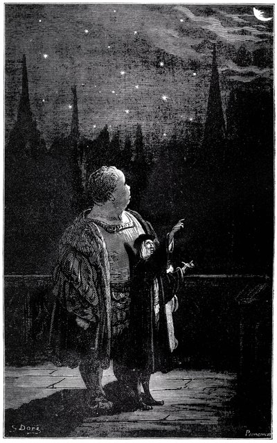 A educação de Gargântua: à noite, com um astrónomo, o jovem gigante observa astros, estrelas e cometas no céu noturno. Gravura de Gustave Dore ilustrando a obra de Rabelais. de Gustave Dore