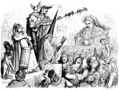 A educação de Gargantua: "ele ia ouvir lições públicas, actos solenes, repetições, declamações, alegações de bons advogados, discursos de pregadores evangelistas...". Gravura de Gustave Dore ilustrando a obra de Rabelais. de Gustave Dore