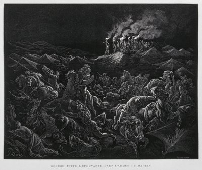 Gideão ataca os midianitas à noite, Ilustração da Bíblia de Dore de Gustave Dore