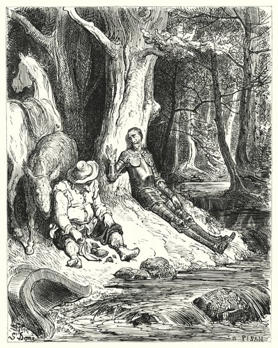 Gustave Dores Dom Quixote: "Uma fonte clara, que Dom Quixote e Sancho encontraram entre algumas árvores verdes, serviu para as refrescar" (gravura) de Gustave Dore