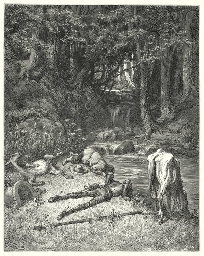 Gustave Dores Dom Quixote: "Um prado, regado com um riacho, convidou-os a acender" (gravura) de Gustave Dore