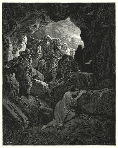 Gustave Dores Don Quixote: "É enviada uma festa com oficiais ... que encontram o pobre amante Leandra numa caverna de uma das montanhas" (gravura) de Gustave Dore