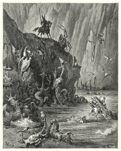 Gustave Dores Dom Quixote: "Um vasto lago de passo fervente, no qual uma infinita multidão de criaturas ferozes e terríveis está a atravessar para trás e para a frente" (gravura) de Gustave Dore