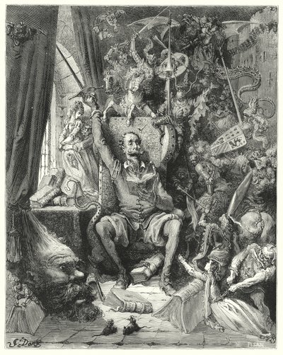 Gustave Dores Dom Quixote: "Um mundo de noções desordenadas, escolhidas de seus livros, lotado de imaginação" (gravura) de Gustave Dore