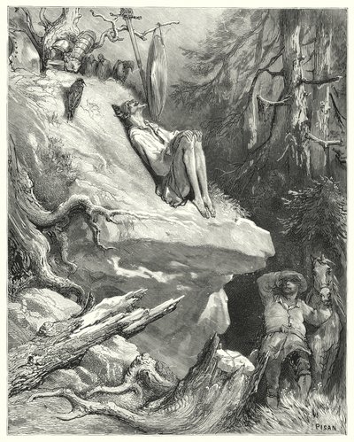 Gustave Dores Dom Quixote: "Ai de mim!" respondeu Sancho, "Encontrei-o na sua camisa, magro, pálido e quase esfomeado, suspirando pela sua Senhora Dulcineia" (gravura) de Gustave Dore
