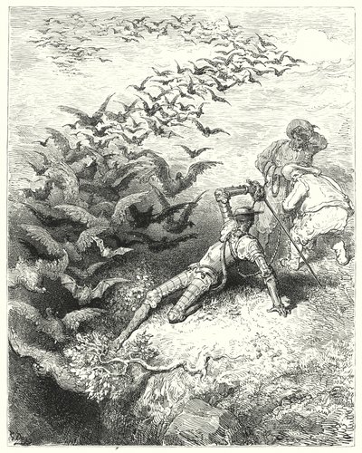 Gustave Dores Dom Quixote: "Um número infinito de corvos e madrugadas crescidos apressados e a esvoaçar para fora da caverna" (gravura) de Gustave Dore