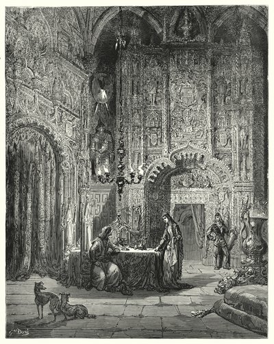 Gustave Dores Dom Quixote: "Outra donzela entra na sala, e começa a informar-lhe que castelo é esse, e como se encanta nele" (gravura) de Gustave Dore