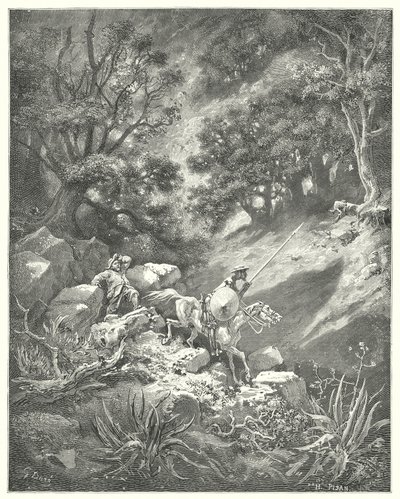 Gustave Dores Dom Quixote: "Mas reze, senhor", quoth Sancho, "é uma boa lei de cavalheirismo que diz que vaguearemos para cima e para baixo, por cima de arbustos e briares, neste deserto rochoso?" (gravura) de Gustave Dore