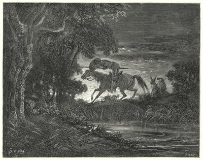 Gustave Dores Dom Quixote: "Dom Quixote, acompanhado pelo seu coração intrépido, saltou sobre Rozinante" (gravura) de Gustave Dore