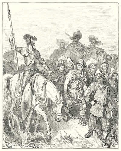 Gustave Dores Dom Quixote: "Dom Quixote perguntou ao primeiro por que crimes foi nestas circunstâncias miseráveis" (gravura) de Gustave Dore