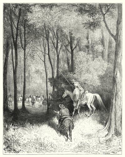 Gustave Dores Dom Quixote: "Dom Quixote desceu uma empresa, que, numa visão mais próxima, julgou ser pessoas de qualidade" (gravura) de Gustave Dore