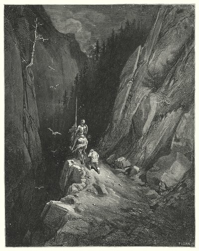 Gustave Dores Dom Quixote: "Dom Quixote foi transportado com alegria para se encontrar onde poderia lisonjear a sua ambição com a esperança de novas aventuras" (gravura) de Gustave Dore