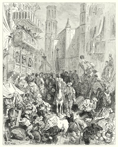 Gustave Dores Dom Quixote: "Encerrando-o no meio da sua brigada, conduziram-no em direcção à cidade" (gravura) de Gustave Dore