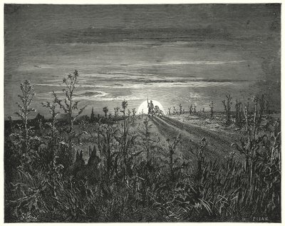 Gustave Dores Dom Quixote: "Amigo Sancho", disse Dom Quixote, "Acho que a noite que se aproxima nos ultrapassará antes que possamos chegar a Toboso" (gravura) de Gustave Dore