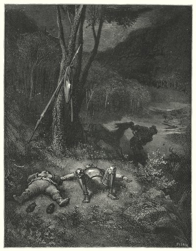 Gustave Dores Dom Quixote: "Gines, que era um estranho tanto para a gratidão como para a humanidade, resolveu cavalgar com o rabo de Sancho" (gravura) de Gustave Dore