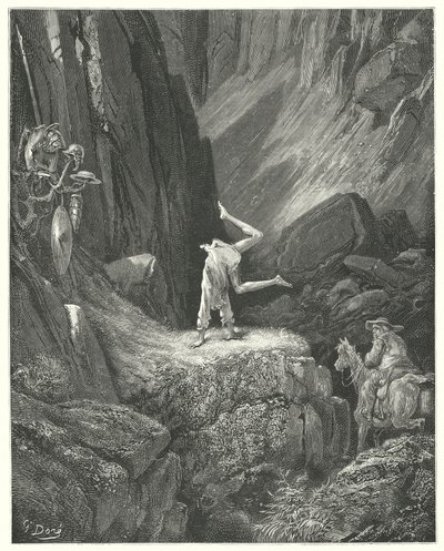 Gustave Dores Dom Quixote: "Ele deu dois ou três frisks no ar, e depois, lançando as mãos, ele pegou os calcanhares sobre a cabeça duas vezes juntos" (gravura) de Gustave Dore
