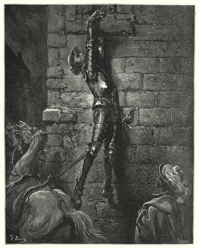 Gustave Dores Dom Quixote: "Ele tinha inevitavelmente caído ao chão, se o seu pulso não tivesse sido firmemente preso à corda" (gravura) de Gustave Dore
