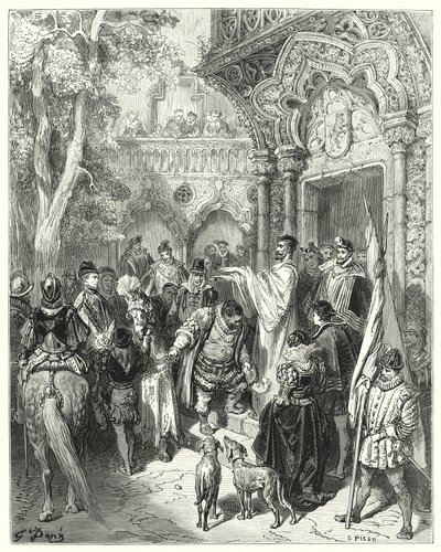 Gustave Dores Dom Quixote: "Ele beijou a mão do duque e da duquesa na despedida, e recebeu a bênção do seu mestre" (gravura) de Gustave Dore