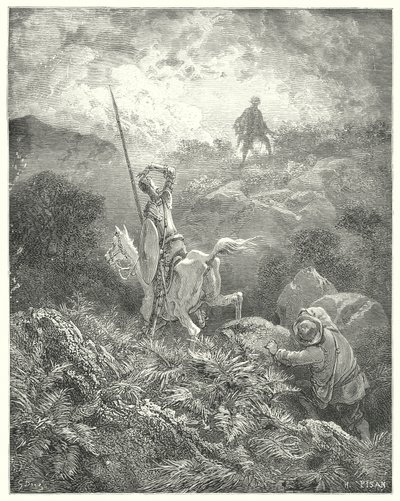 Gustave Dores Dom Quixote: "Ele espiou no topo de um penhasco pedregoso mesmo à sua frente um homem que saltou de rocha em rocha com uma agilidade maravilhosa" (gravura) de Gustave Dore