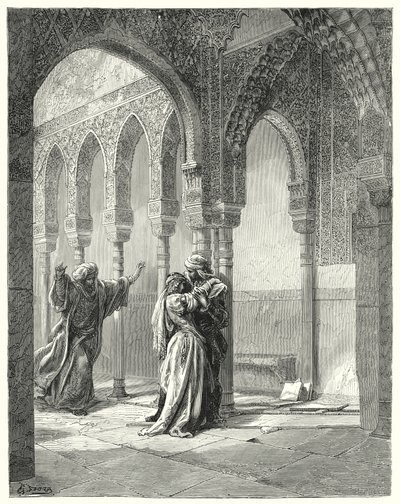 Gustave Dores Dom Quixote: "Seu pai veio apressadamente até nós e, vendo sua filha nessa condição, perguntou-lhe qual era o problema" (gravura) de Gustave Dore