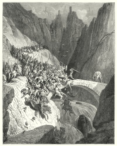 Gustave Dores Don Quixote: "Como Don Diego Garcia com a sua única força defendeu a passagem de uma ponte contra um grande exército" (gravura) de Gustave Dore